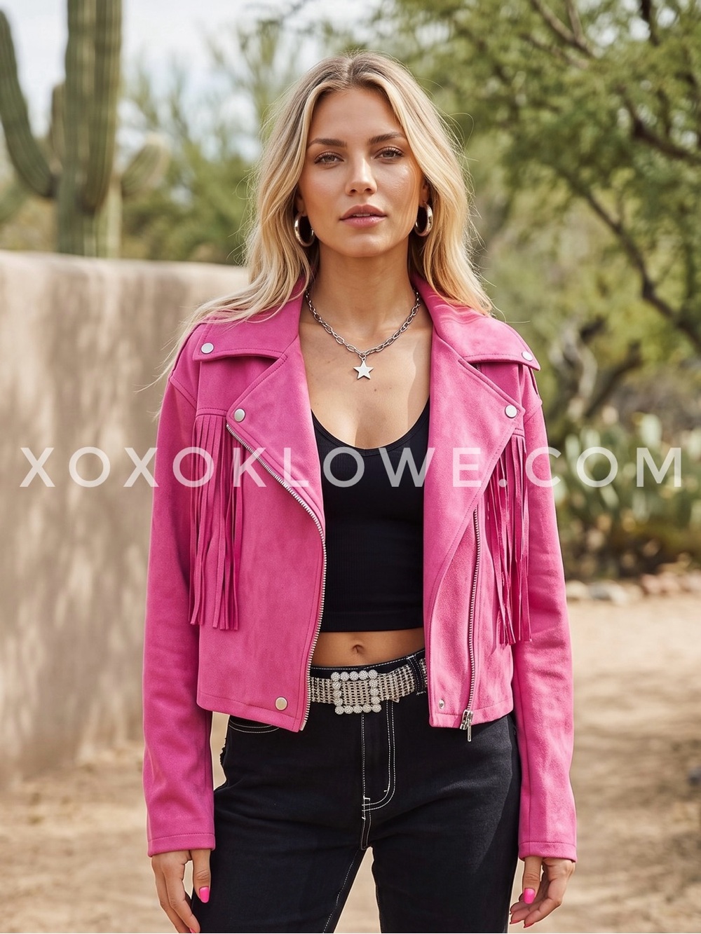 POL Hot Pink Vegan Suede Fringe Moto Jacket | Cropped Western Concert Biker